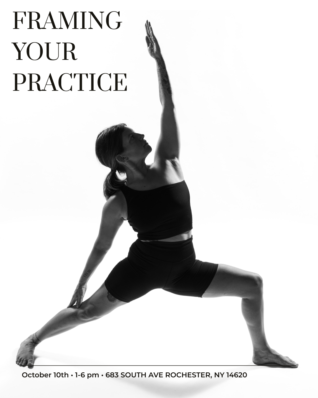A yoga teacher holds an extended standing pose in a Framing Your Practice promotional composition.