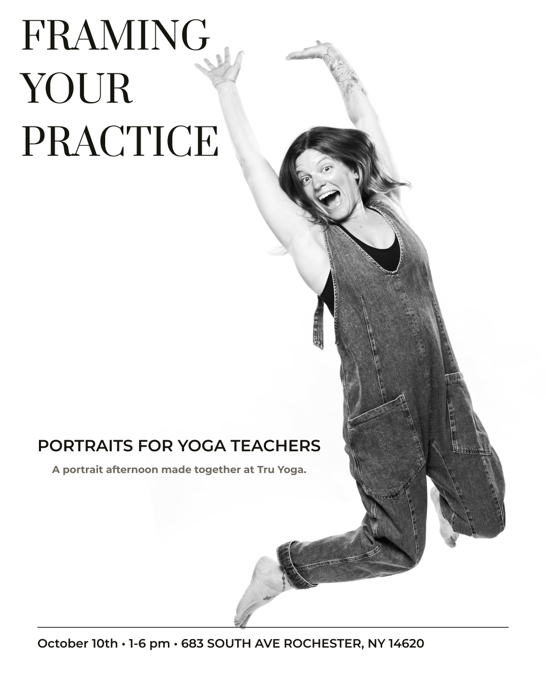 Vanessa Airey jumps with her arms raised in a playful Framing Your Practice promotional composition.